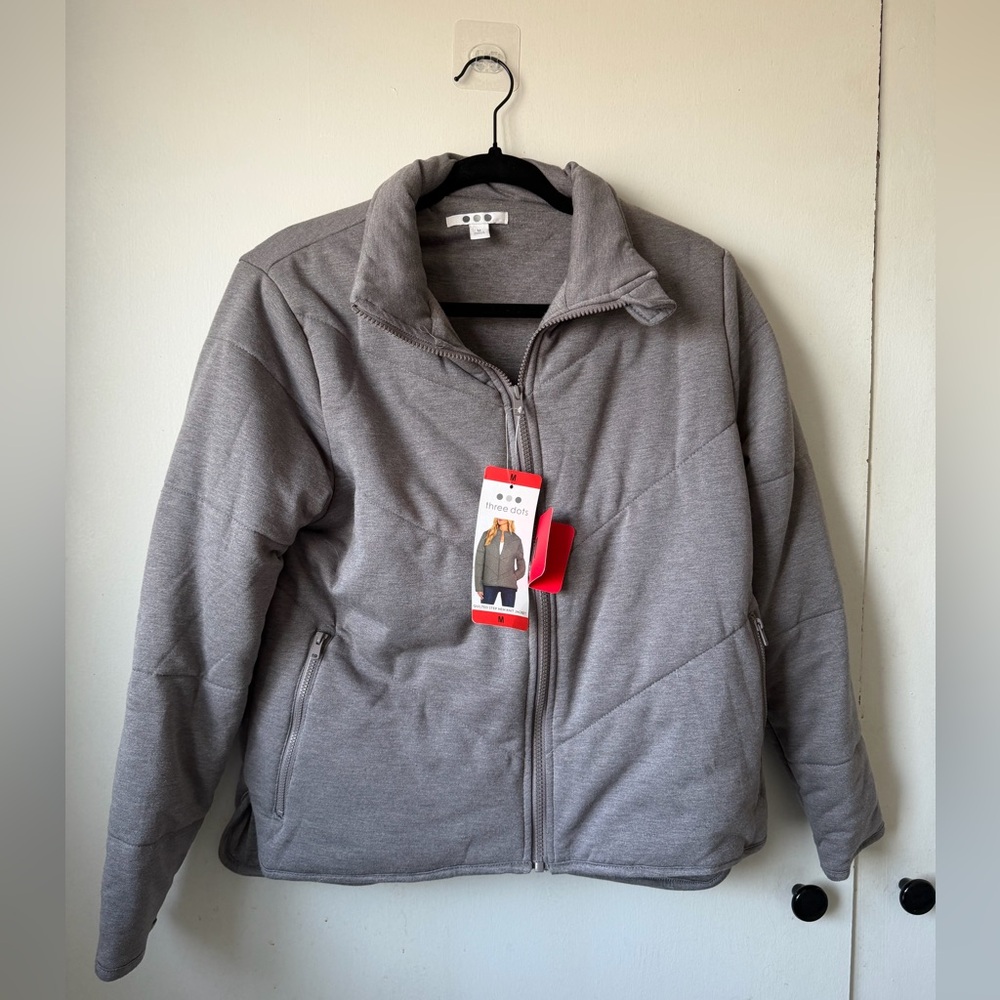 Three Dots Gray Quilted Zip Jacket – Cozy Minimal Layer (Size M, NWT)